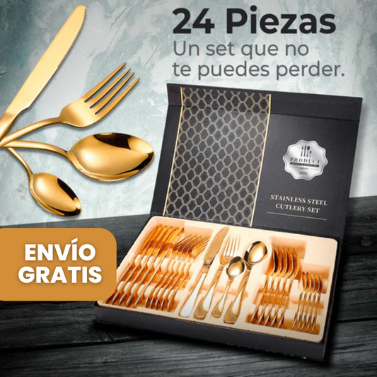 SET DE CUBIERTOS DORADOS EN ACERO INOXIDABLE